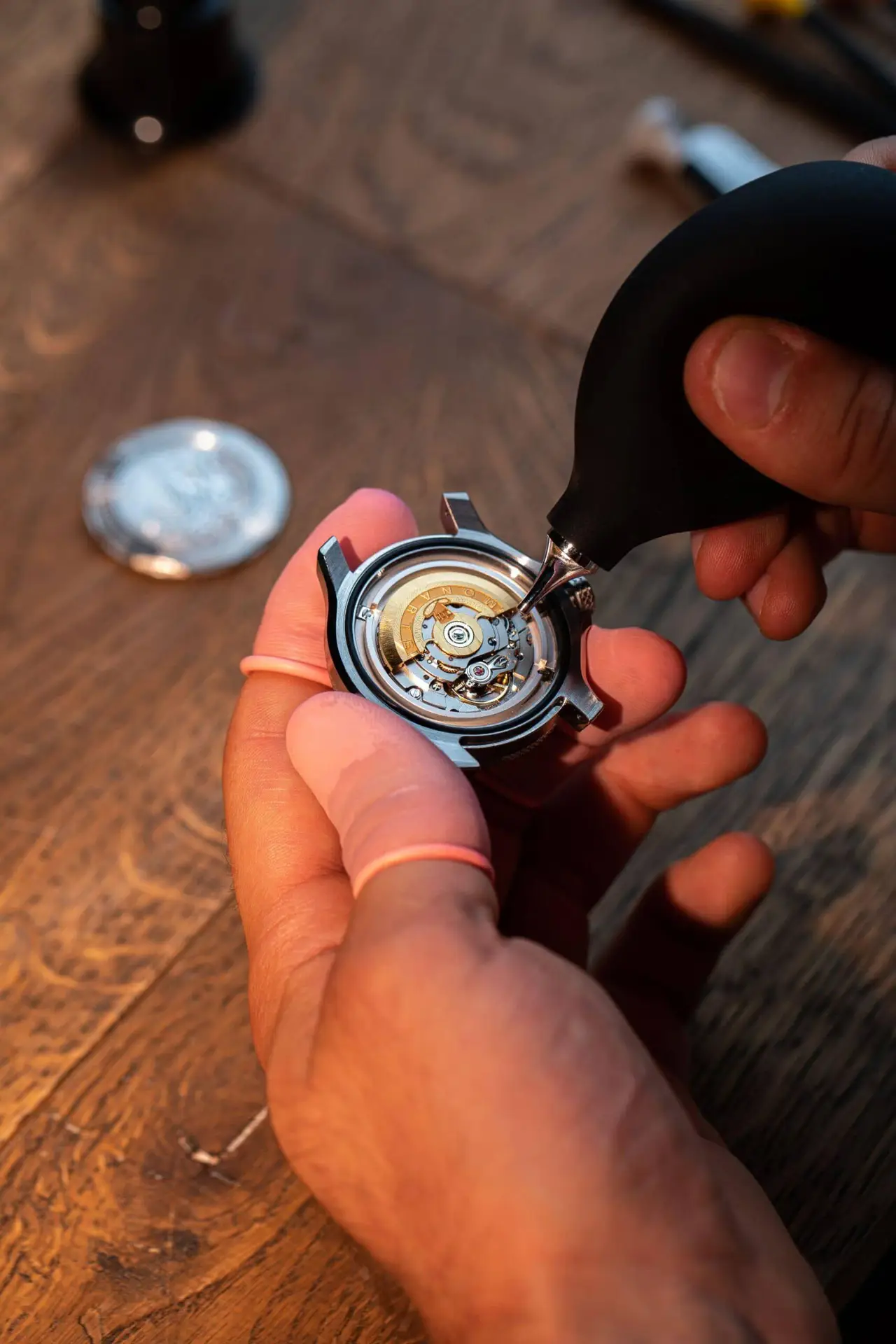 monarte watches open caseback golden rotor 18k gold watch service assembly swiss made